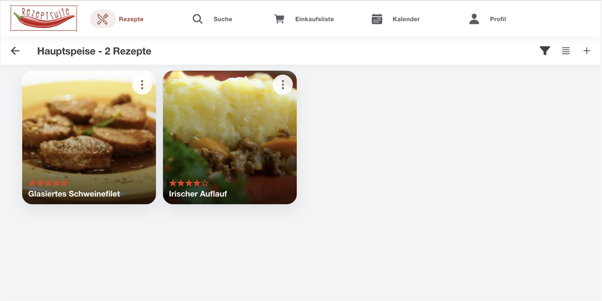 RezeptSuite Cloud mit zwei Rezepten in der Rezeptübersicht