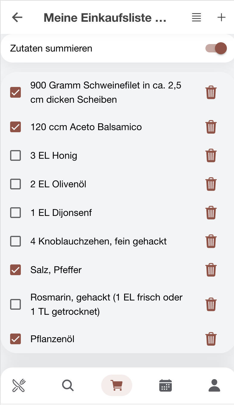 Einkaufsliste in RezeptSuite Cloud auf einem Smartphone