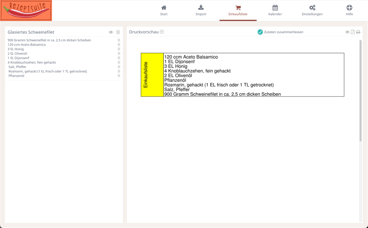 Shopping list in RezeptSuite Desktop