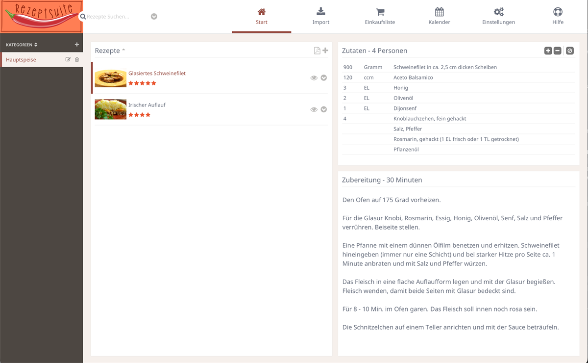RezeptSuite Desktop with recipe list, ingredients and instructions