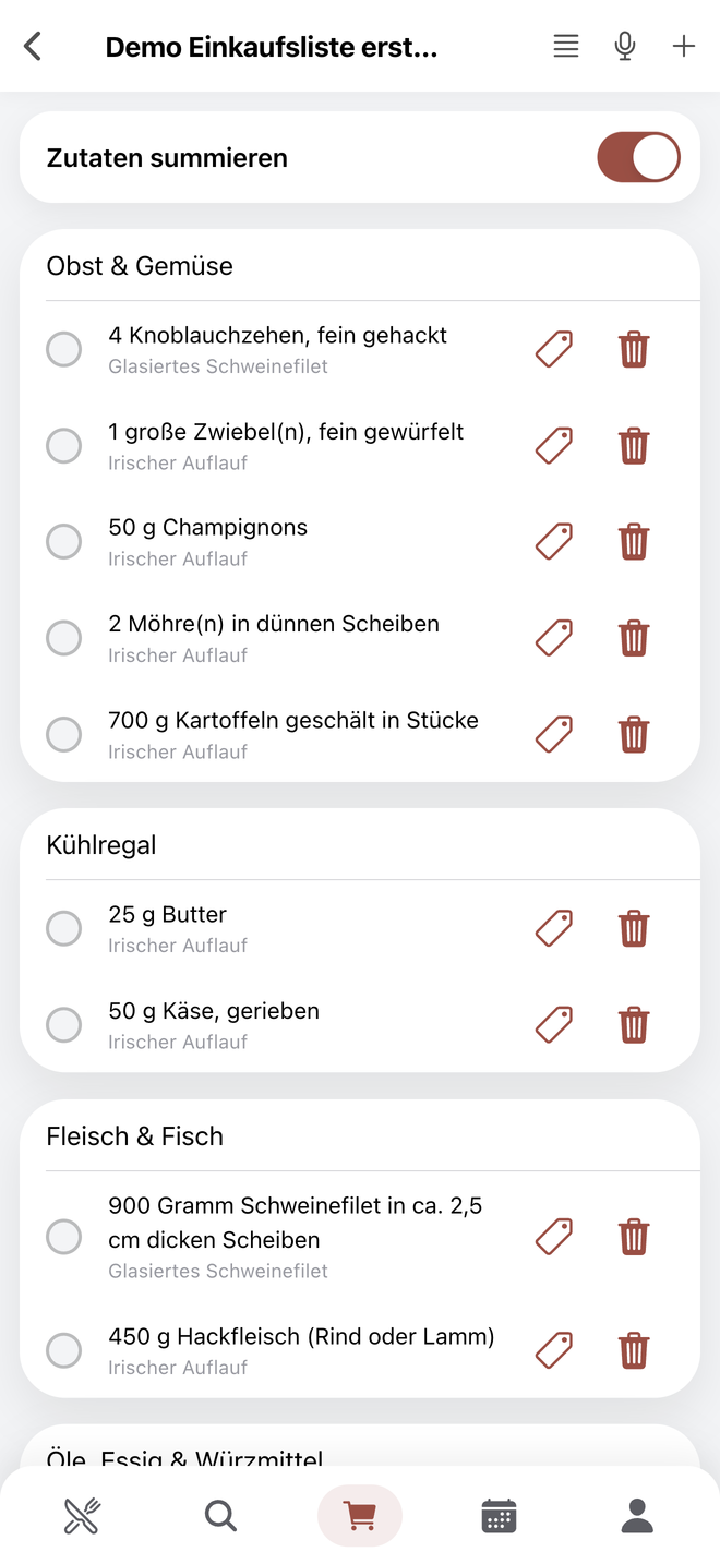 Shopping list in RezeptSuite Cloud on a smartphone