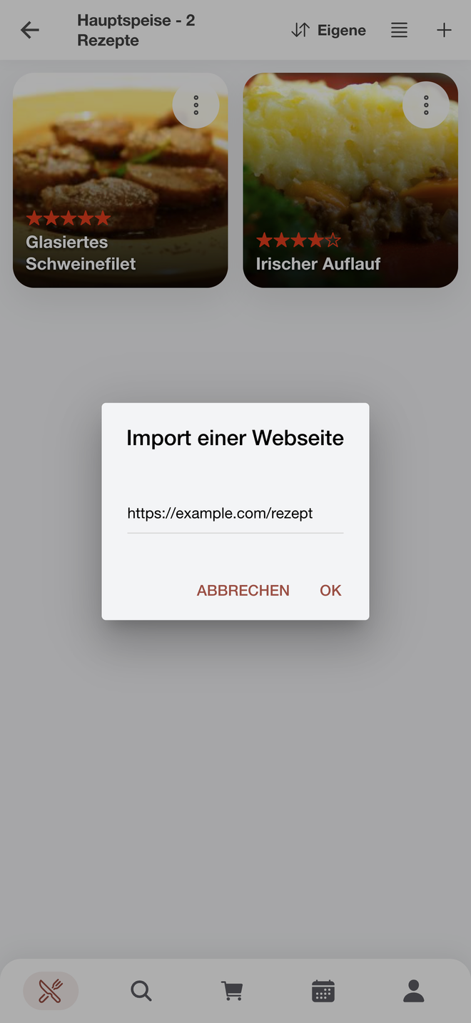 Android app import dialog with a field for the web address of a recipe page